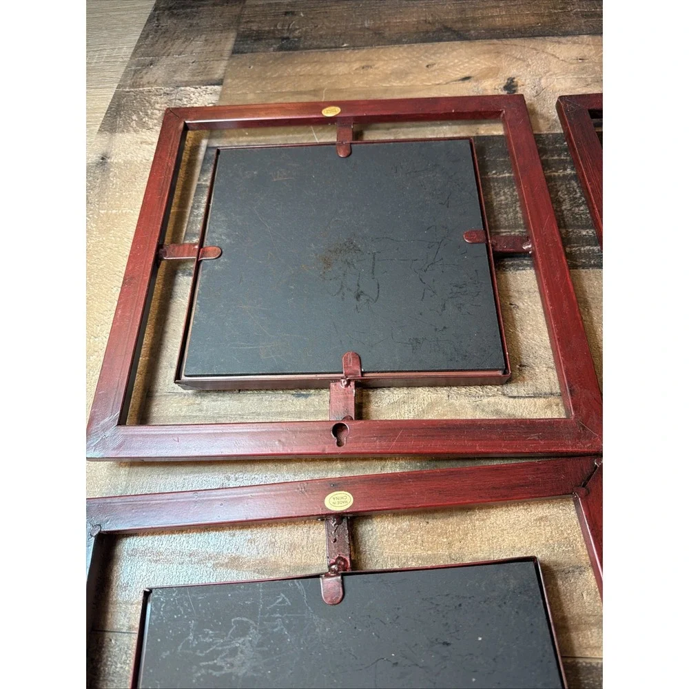 Set of 4 Vintage Gothic Wall Mirrors Red Metal Geometric Jeweled Window Panels